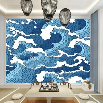 Retro Japāņu Abstrakti Zils Okeāna Viļņiem Pasūtījuma Mūra Mājas Dekori Tapetes Suši Restorānu Rūpniecības Sienas Dekori, Papīra 3D