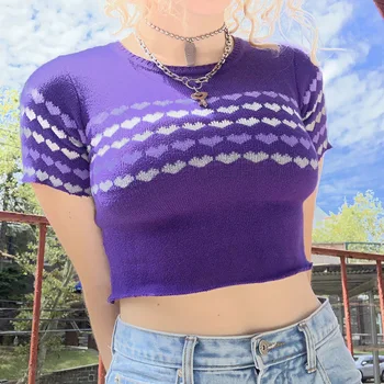 90. gadu Vintage Purpura Sirds Trikotāžas T-krekls Y2K Estētika O-veida kakla Īsām Piedurknēm Kultūraugu Top E-meitene Streetwear Sieviešu Vasaras Apģērbu