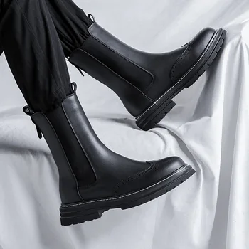 vīriešu luksusa modes augsta skursteņa zābaki melnā griešanai brogue kurpes oriģinālajā ādas chelsea boot skaists ilgi platformas botas