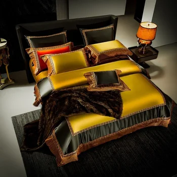 Luksusa Zelta Satīna Ēģiptes Kokvilnas Zīdaini Mīksta Gultas komplekts Šiks Raibs Izšuvumi Sega sedz palagu Spilvendrānas gultas Pārklājs
