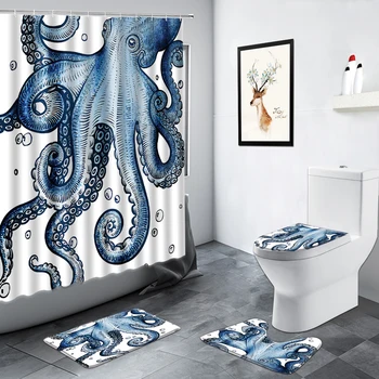 Okeāna Dzīvnieki Zilā Astoņkāji Dušas Aizkars Radošu Personību Mājas neslīdoša Mat Paklājs Tualetes Vāka Vannas Paklājs Vannas istaba Dekoru Kopa