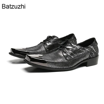 Batzuzhi itālijas Tips Vīriešu Kurpes Modes Metāla Aizsargplāksnīti Melna Ādas Kleita, Kurpes Vīriešiem, Mežģīnes-up Mīkstas Ādas Business/Puse Oxfords