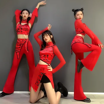 Sieviešu Grupu uzstāšanās Tērpi Ķīniešu Stilā Sarkanā Tērpiem Pieaugušo Džeza Deju Tērpi Naktsklubs, Bārs Ds Festivāls Tērpiem 2022