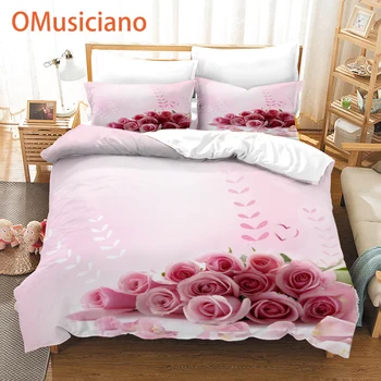 OMusiciano Rozā rožu 3D digitālās drukas pasūtījuma gultas komplektu, mierinātājs / Valentīna Dienu, kas pavadīta sega sedz iestatīt pilnīgu karaliene, karalis, f