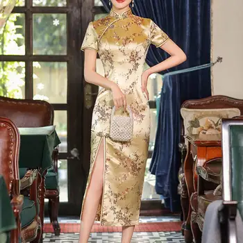 Mandarin Apkakli, Īsām Piedurknēm Disku Sprādzes Dāma Cheongsam Ķīniešu Stila Izšuvumus, Plūmju Ziedu Drukāt Bd Tradicionālo Qipao