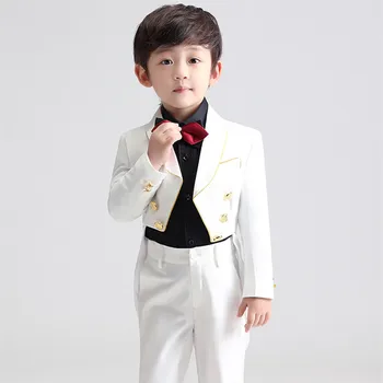 Ziedu Zēni Balto Kāzu Tērps Bērniem Balli Puse, Uzvalku, Kleitu Bērnu Diena Pinao Darbības Kostīms