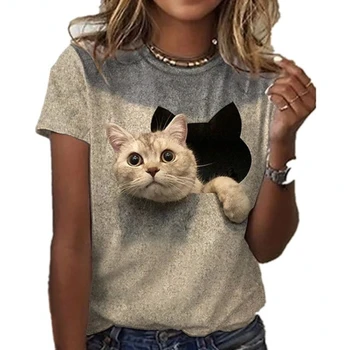 2023 Vasaras Modes T-krekls Sieviešu Brīvs Džemperis ar Īsām Piedurknēm Top Sieviete Dzīvnieku 3D Drukas Kawaii Kaķis Grafikas Tees Lielgabarīta