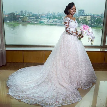 Āfrikas Nigērijas Mežģīņu Kāzu Kleitas V Kakla Ilūziju garām Piedurknēm Kāzu Kleitas Pogas vestido de noiva Plus Lieluma Kāzu kleitas