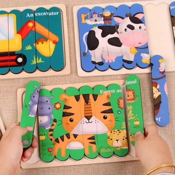 Bērni Dzīvnieku 3D Koka Puzles Montessori Rotaļlietas Dubultā novietotās Lentes Puzzle Stāsta Kraušanas Jigsaw Izglītības Rotaļlieta Bērniem