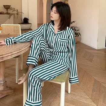 Gadījuma Striped Pajamas Komplekts Sievietēm Sleepwear 2GAB Uzvalks Satīna Zīda Lounge Valkāt Kreklu&Bikses Mīksta Pidžamas Mājas Drēbes Naktsveļu