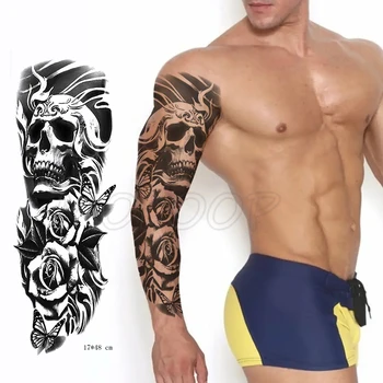 Tetovējumu Uzlīmes Pagaidu Pilnas Rokas Lielu galvaskausu rose puķu taureni vecās skolas Ūdensizturīgs rokas Tetovējums Flash Viltus zēns, meitene, Tatto
