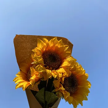 Roku darbs saulespuķu ziedu imitācijas puķu turot plastmasas ziedu pušķis, izlaidums, kas rada foto foto aksesuāri