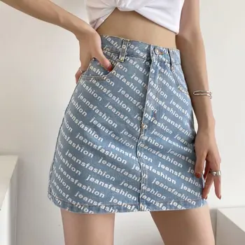Vasaras Sexy Drukāt Vēstuli Džinsa Svārki Sievietēm Harajuku Augsta Vidukļa Pakete Hip Džinsu Mini Svārki Korejas-Line Īsi Svārki Apģērbi