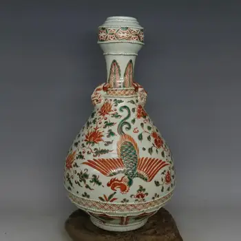 antīko YunaDynasty porcelāna vāze,sarkans un zaļš phoenix ķiploku pudeli,ar roku apgleznoti crafts /savākšanas & rota,Bezmaksas piegāde