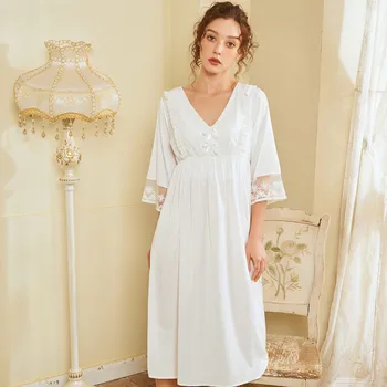 Tiesa Retro Palace Vēja Salds Princese Naktsveļu Pavasara un Vasaras Nightdress Mežģīnes V-apkakli Housewear Nightgowns Sleepshirts