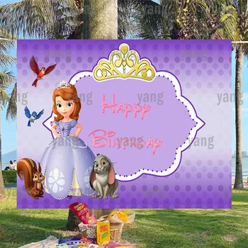 Princese Sofija Gudrs Fons Meitenes Purpura Aizkaru Karikatūra Pasaku Banner Zelta Kronis Apdare Pirmo Dzimšanas dienu Fona