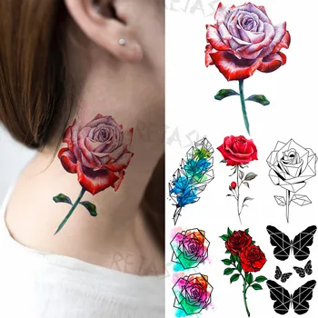 Akvarelis Rožu Sexy Kakla Pagaidu Tetovējumiem Sievietēm, Bērniem Spalvu Tauriņš Viltus Tetovējumu Uzlīmes Body Art Apdare Tetovējums Papīra